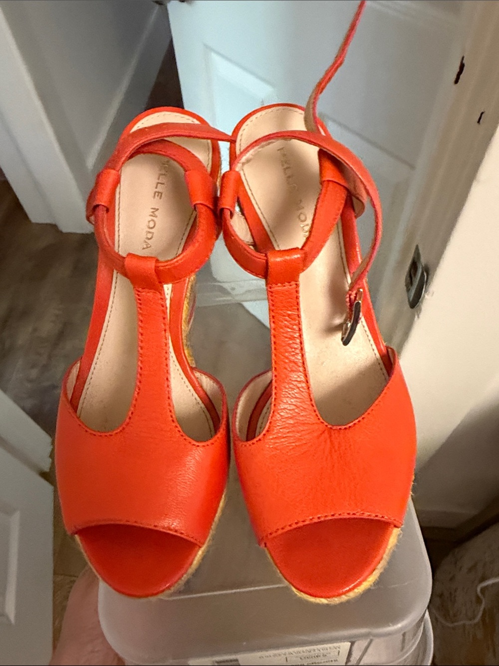 Pelle Moda Bright Orange T-Strap Wedge Sandals worn once